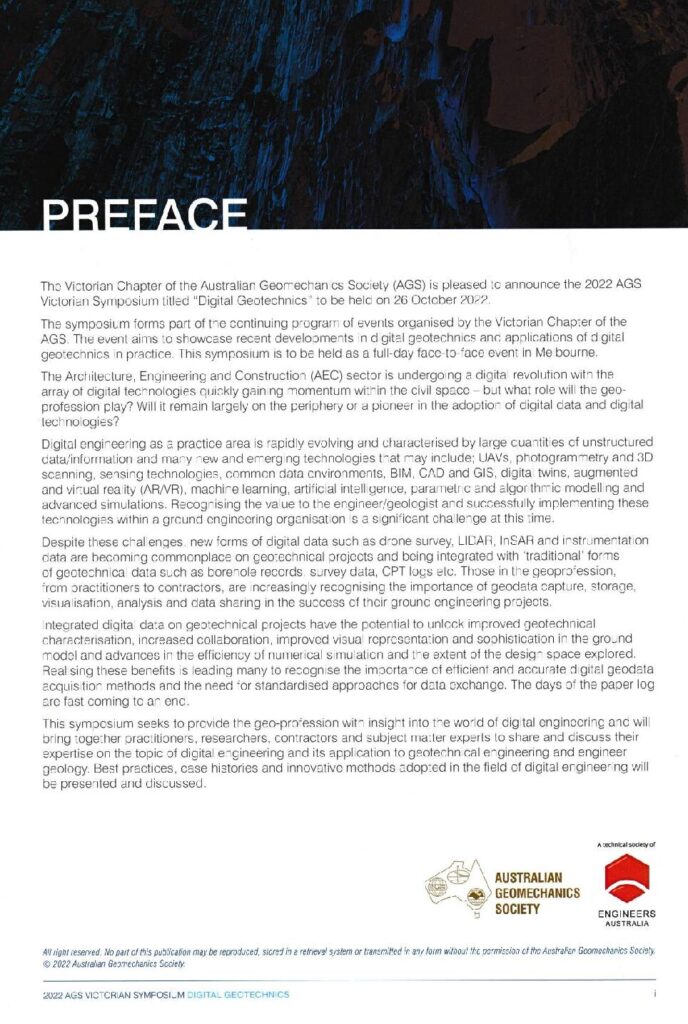 Preface page of the 2022 AGS Victorian Symposium, Digital Geotechnics