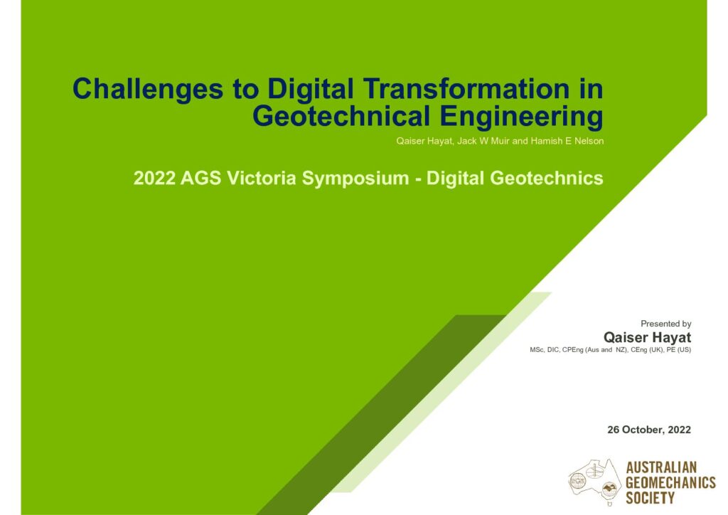 Title slide: Challenges to Digital Transformation in Geotechnical Engineering, 2022 AGS Victoria Symposium